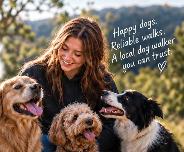 Sarah smiling with a golden retriever, a cavoodle and a border collie outdoors